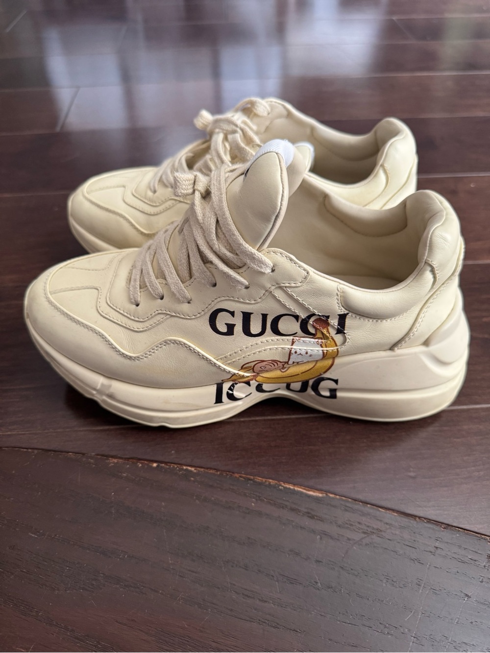 Gucci Cream Leather Chunky Sneaker with Logo and Banana Graphic